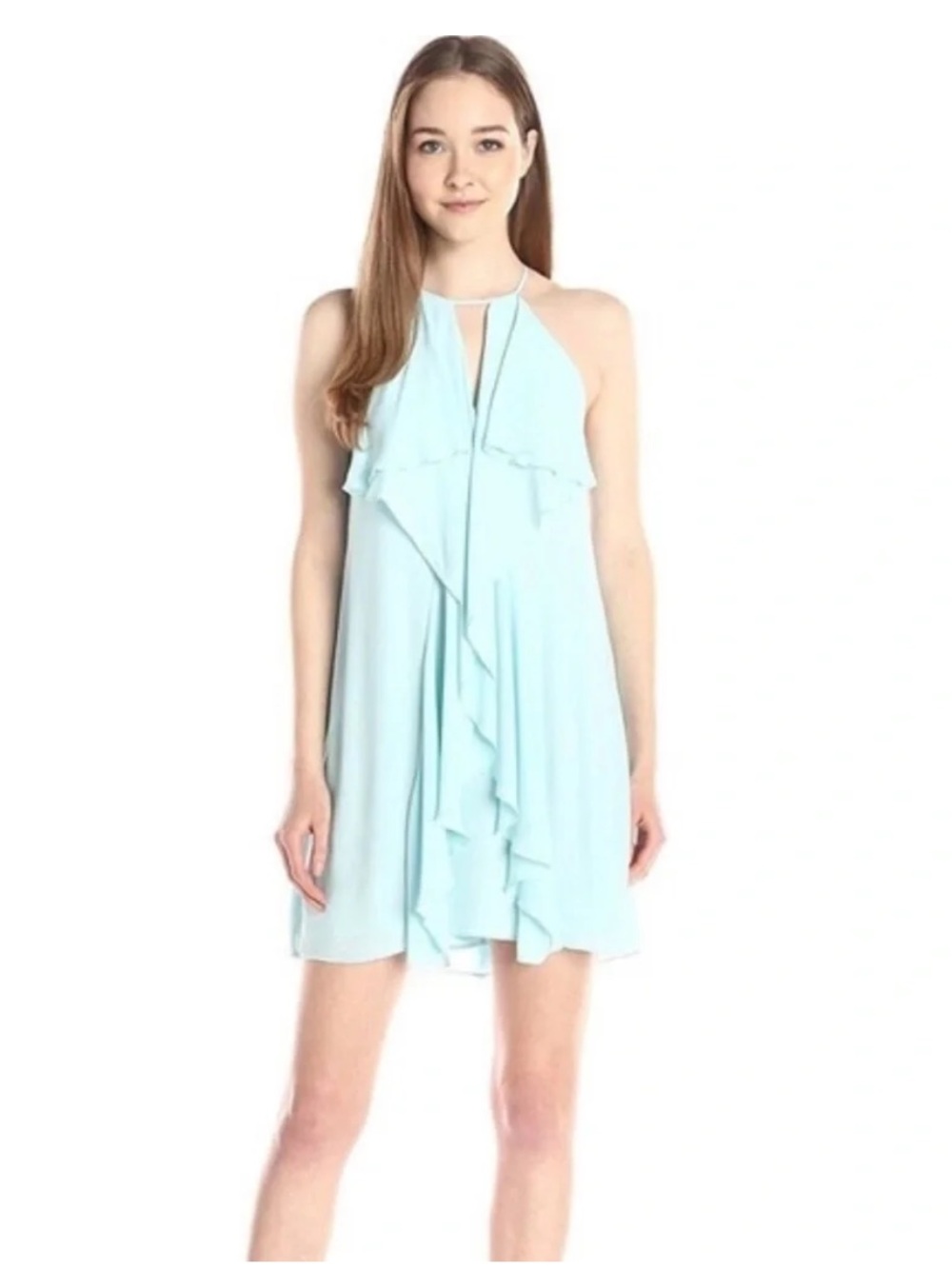 BCBGMAXAZRIA Hattie Light Azure Cascade Ruffle Halter Dress size L